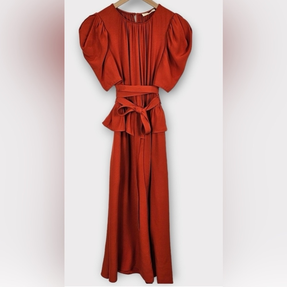 Ulla Johnson, Marion Puff-Sleeve Belted Peplum Midi Dress In Noir Red Size 6 - Picture 8 of 10